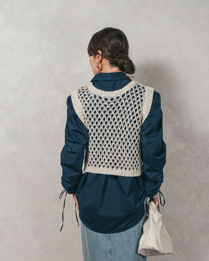 ［SET］ブロード袖ドロストデザインブラウス+2-Way Uネックメッシュニットベスト+フロントスリット Iラインデニムスカート（3SET）