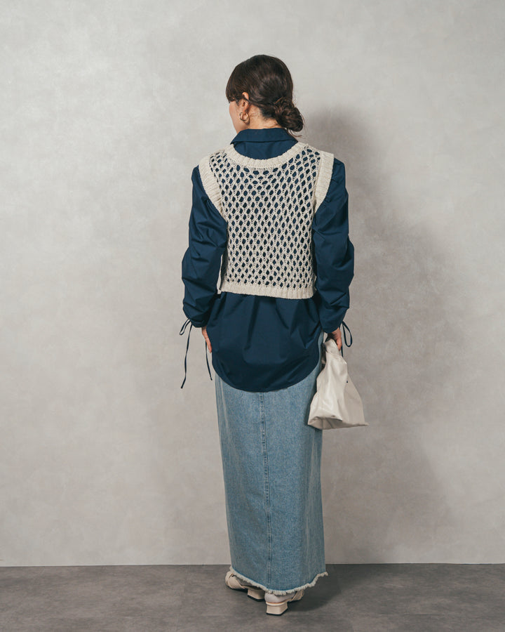 ［SET］ブロード袖ドロストデザインブラウス+2-Way Uネックメッシュニットベスト+フロントスリット Iラインデニムスカート（3SET）