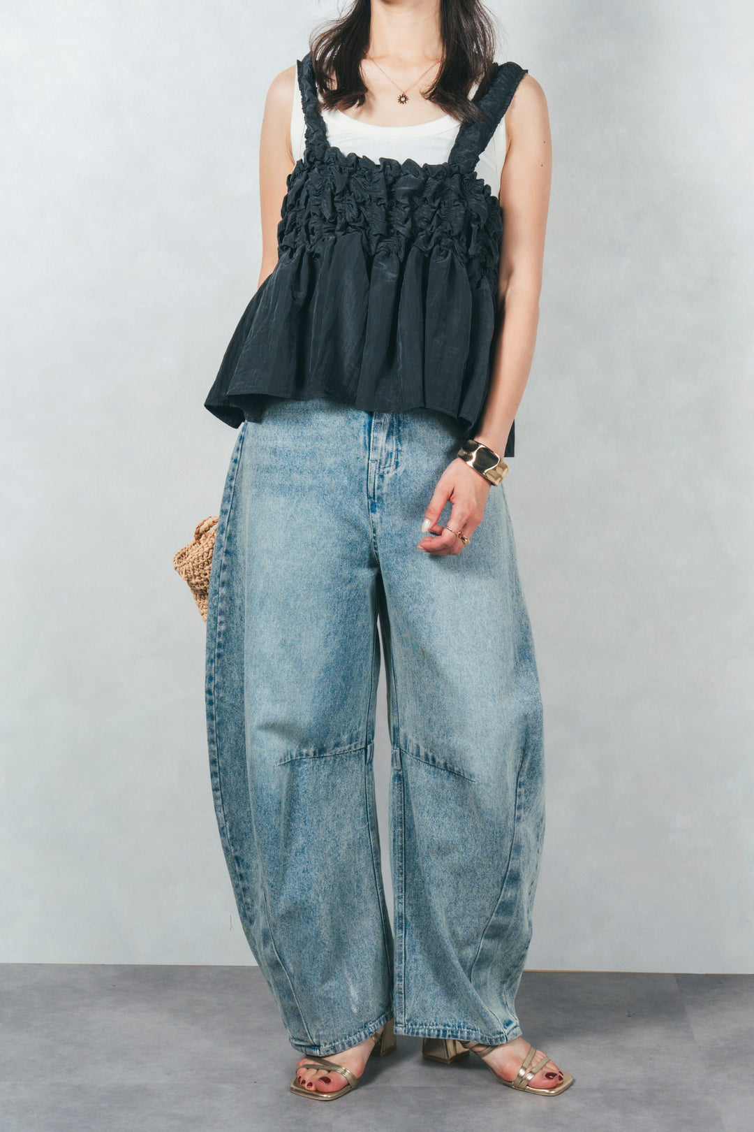 ［SET］ワッシャータフタシャーリングキャミ+ハクデザインカーブデニム（2SET）