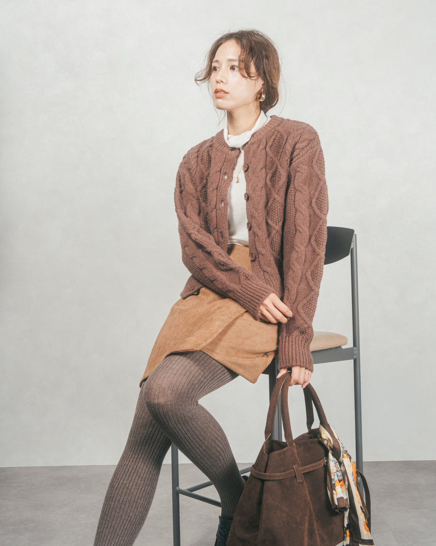 ［SET］ケーブルKnitクルーカーディガン+スウェードライクラップスカート（2SET）