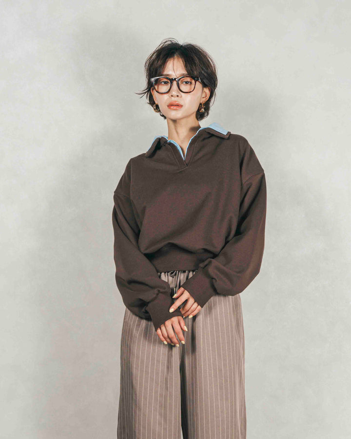 シャツ Layered クロップドスウェット（BROWN × BLUE）