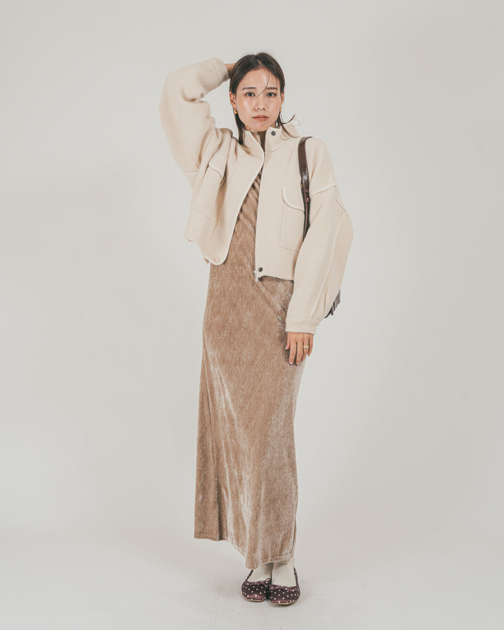 ［SET］Softショートニットブルゾン + ベロア Back Openワンピース（2SET）