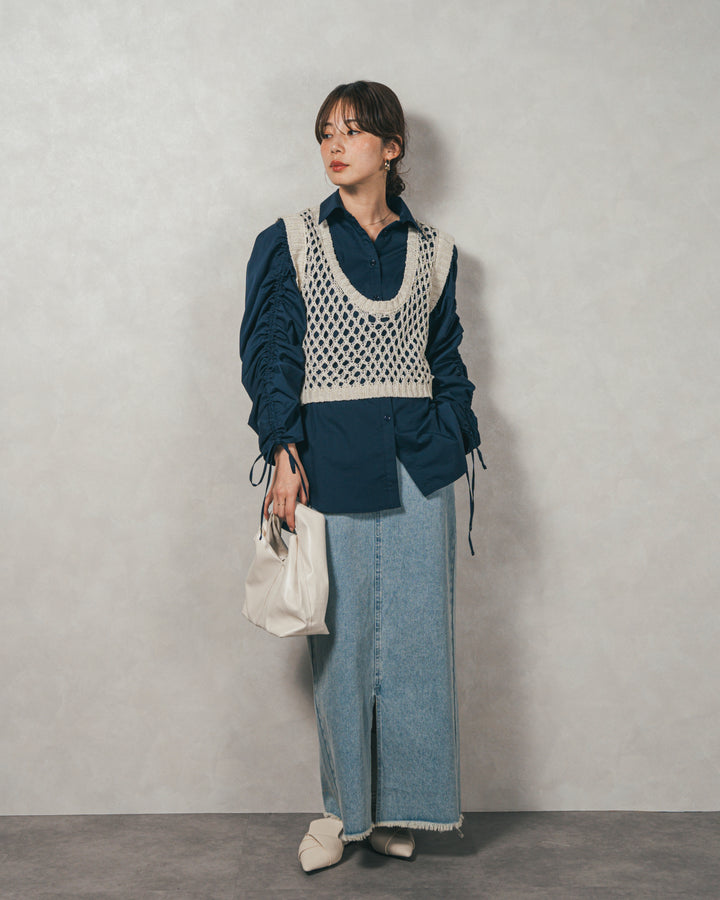 ［SET］ブロード袖ドロストデザインブラウス+2-Way Uネックメッシュニットベスト+フロントスリット Iラインデニムスカート（3SET）