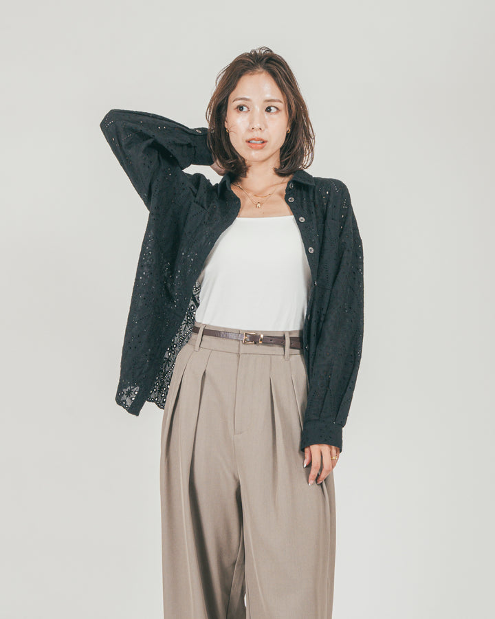 ［SET］コットンフラワーレースシャツ + ダブルタック ハイウエストワイドパンツ（2SET）