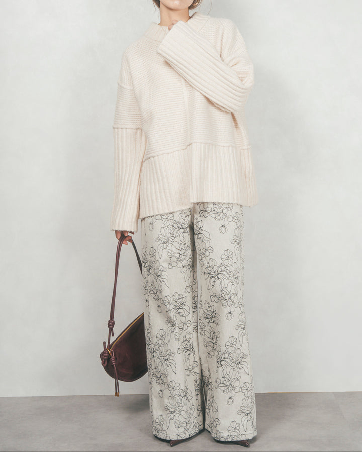 ［SET］リンキングデザイン リラックスニット+フラワージャガードデニム（2SET）