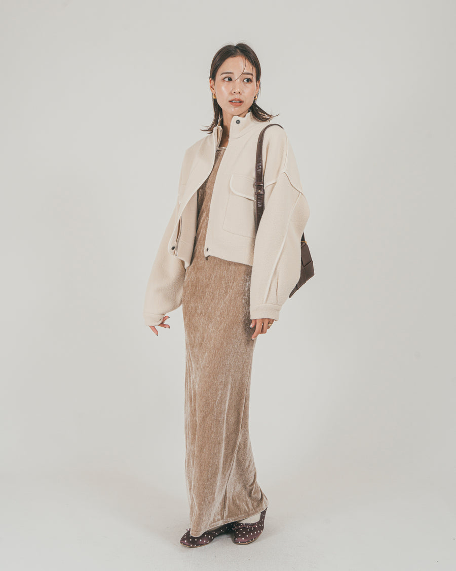 ［SET］Softショートニットブルゾン + ベロア Back Openワンピース（2SET）