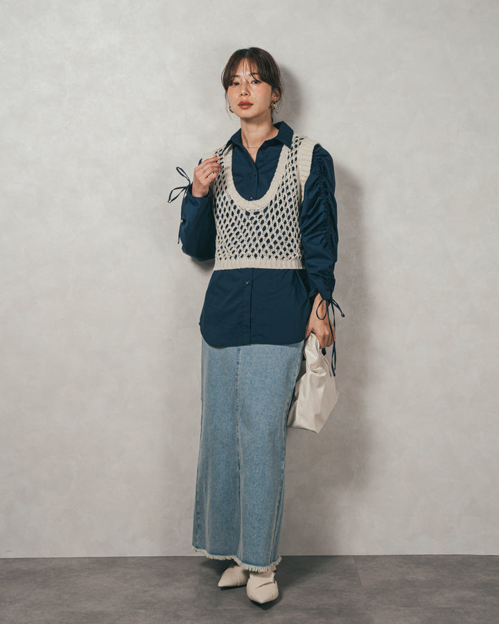 ［SET］ブロード袖ドロストデザインブラウス+2-Way Uネックメッシュニットベスト+フロントスリット Iラインデニムスカート（3SET）