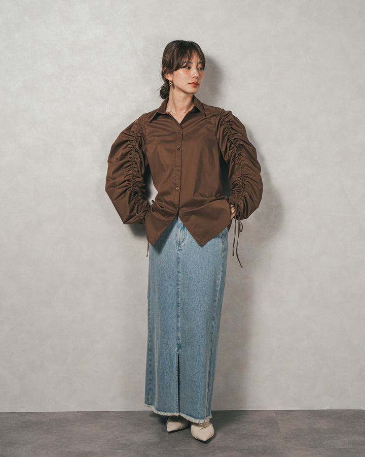 ［SET］ブロード袖ドロストデザインブラウス+2-Way Uネックメッシュニットベスト+フロントスリット Iラインデニムスカート（3SET）