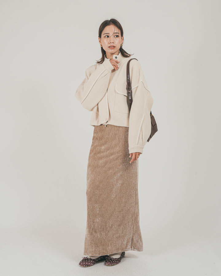 ［SET］Softショートニットブルゾン + ベロア Back Openワンピース（2SET）