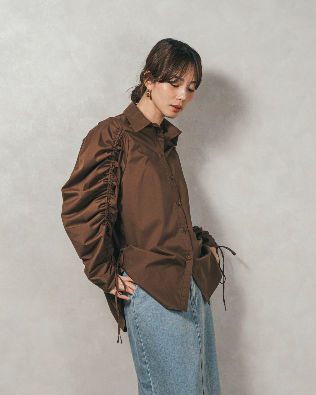 ［SET］ブロード袖ドロストデザインブラウス+メランジKnitロングワンピース（2SET）