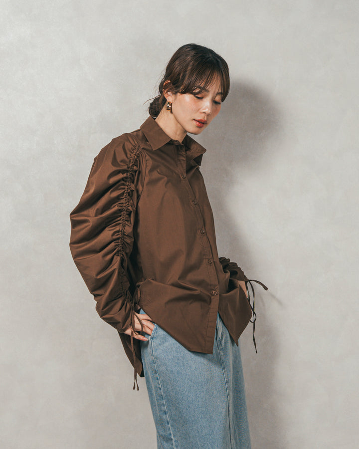 ［SET］ブロード袖ドロストデザインブラウス+メランジKnitロングワンピース（2SET）