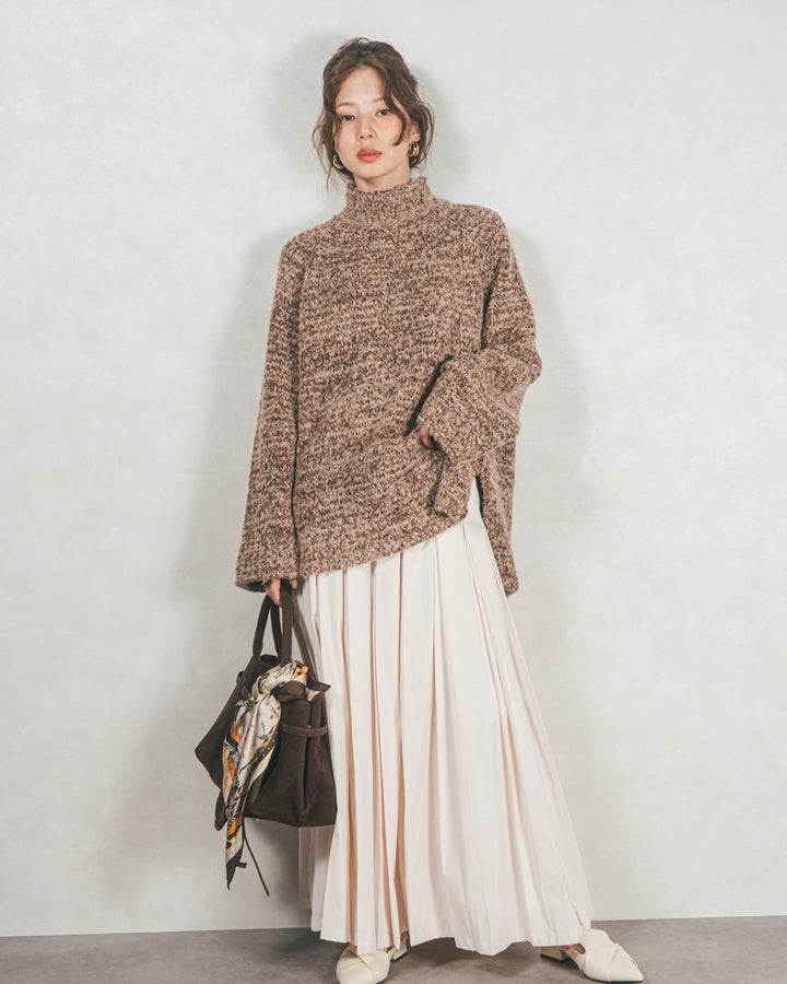 ［SET］ブークレMix ハイネックニット+W-Tuckプリーツロングスカート（2SET）