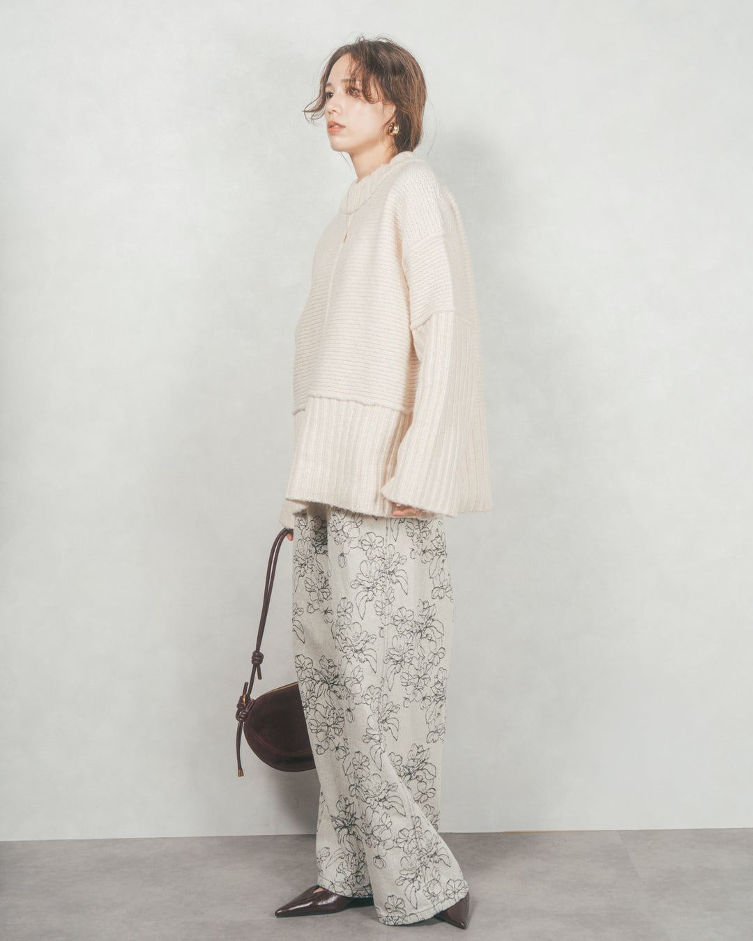 ［SET］リンキングデザイン リラックスニット+フラワージャガードデニム（2SET）