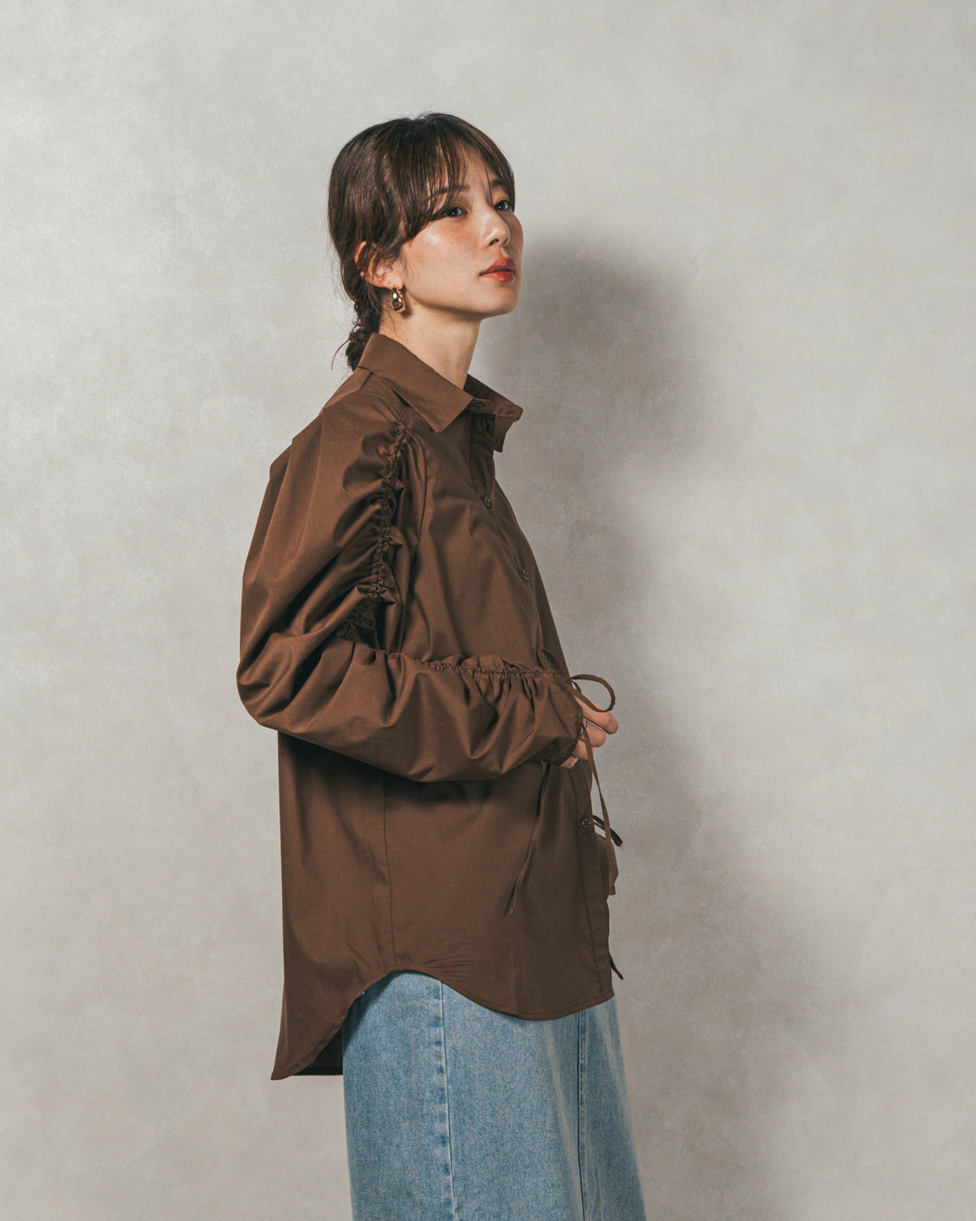 ［SET］ブロード袖ドロストデザインブラウス+メランジKnitロングワンピース（2SET）