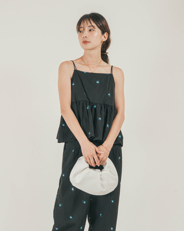 ［SET］Flower刺繍　ボリュームキャミ + Flower刺繍　タックパンツ + カップ付きカットリブキャミ（3SET）