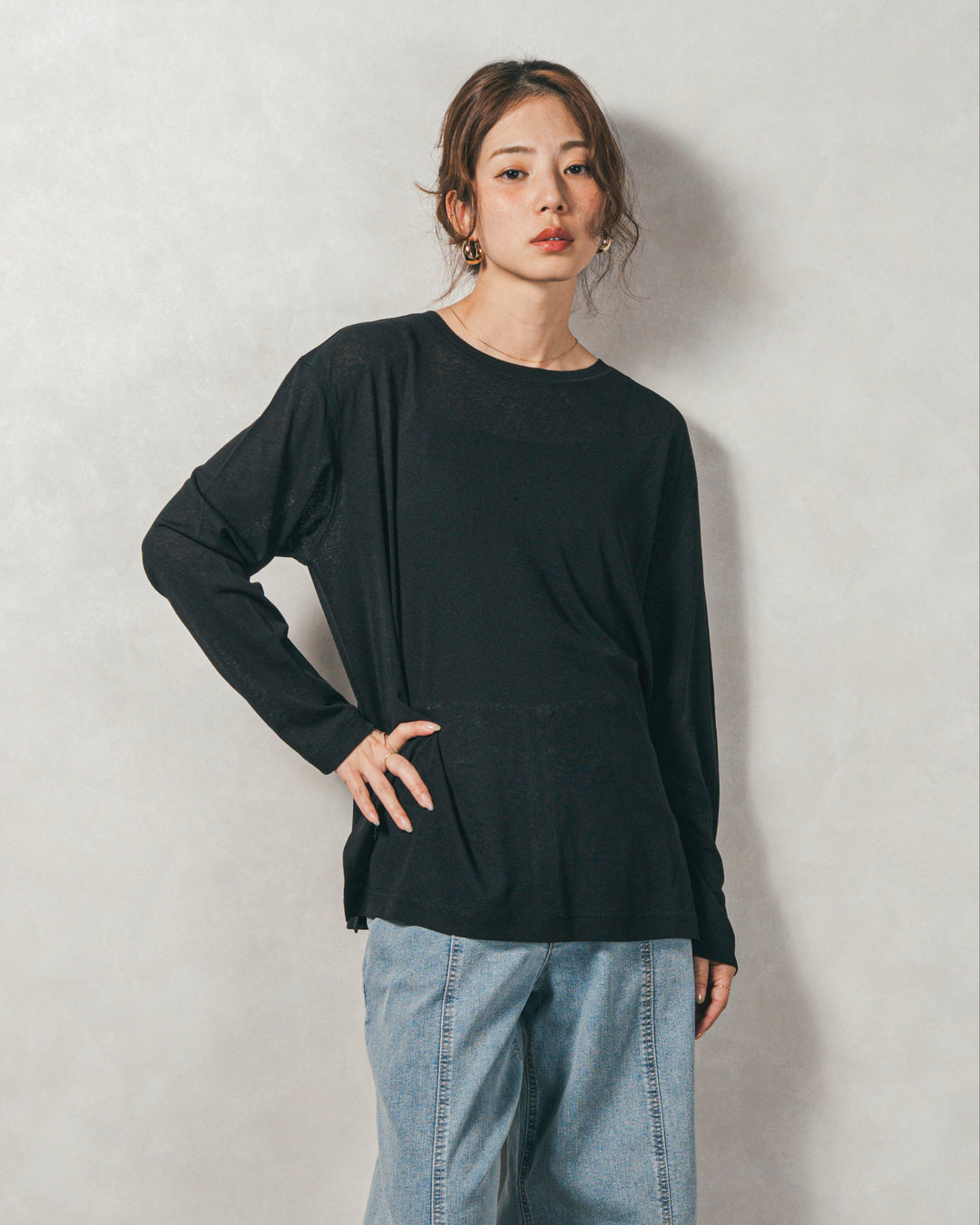 ［SET］ミックスヤーン2WAYカーディガン+スラブシアークルーネックT+センターシーム リラックスカラーデニム（3SET）