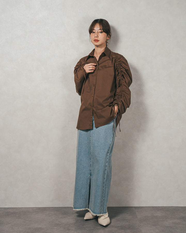 ［SET］ブロード袖ドロストデザインブラウス+2-Way Uネックメッシュニットベスト+フロントスリット Iラインデニムスカート（3SET）