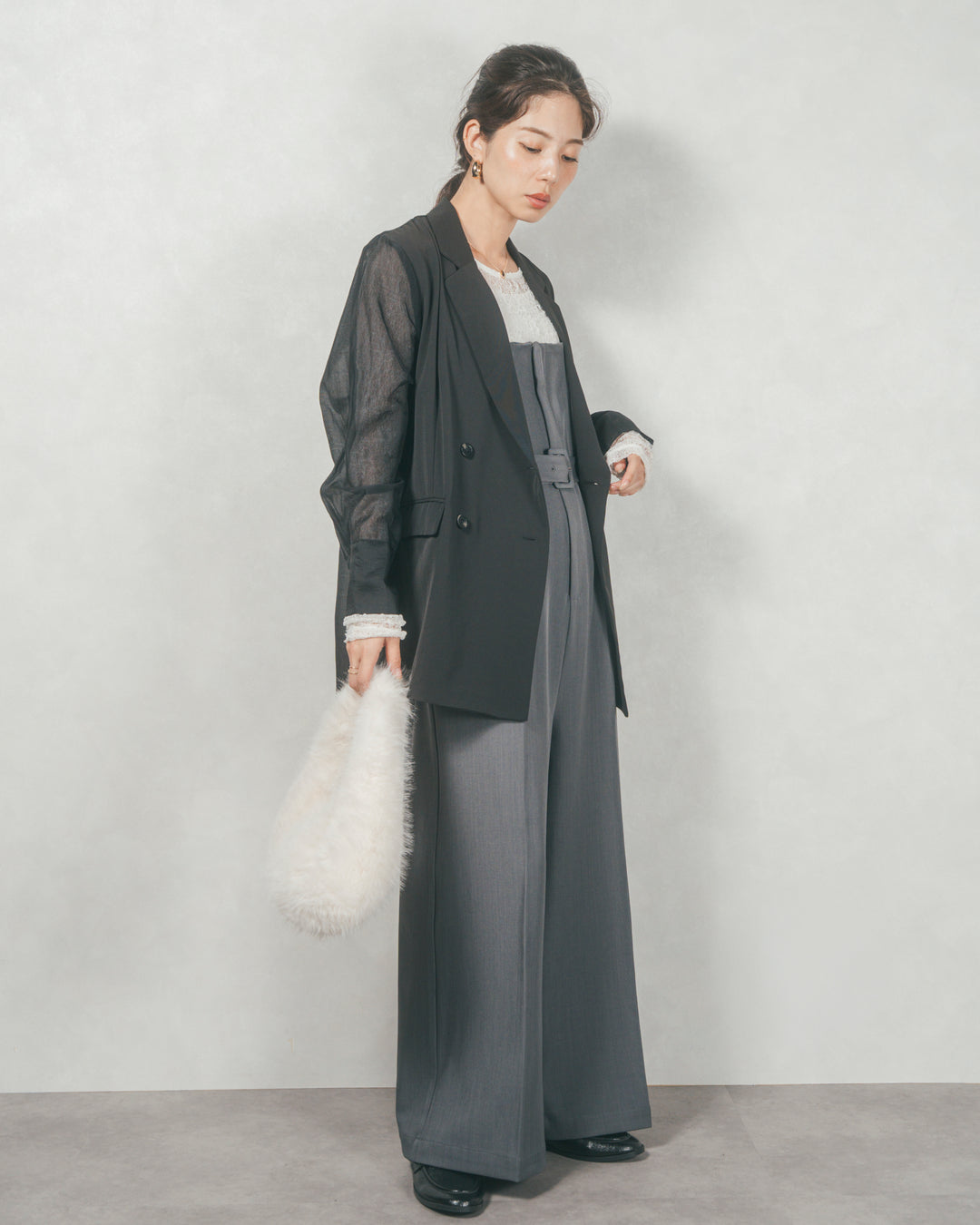 ［SET］シアーデザインテーラードジャケット+ウエストベルト付 Twillキャミサロペ（2SET）