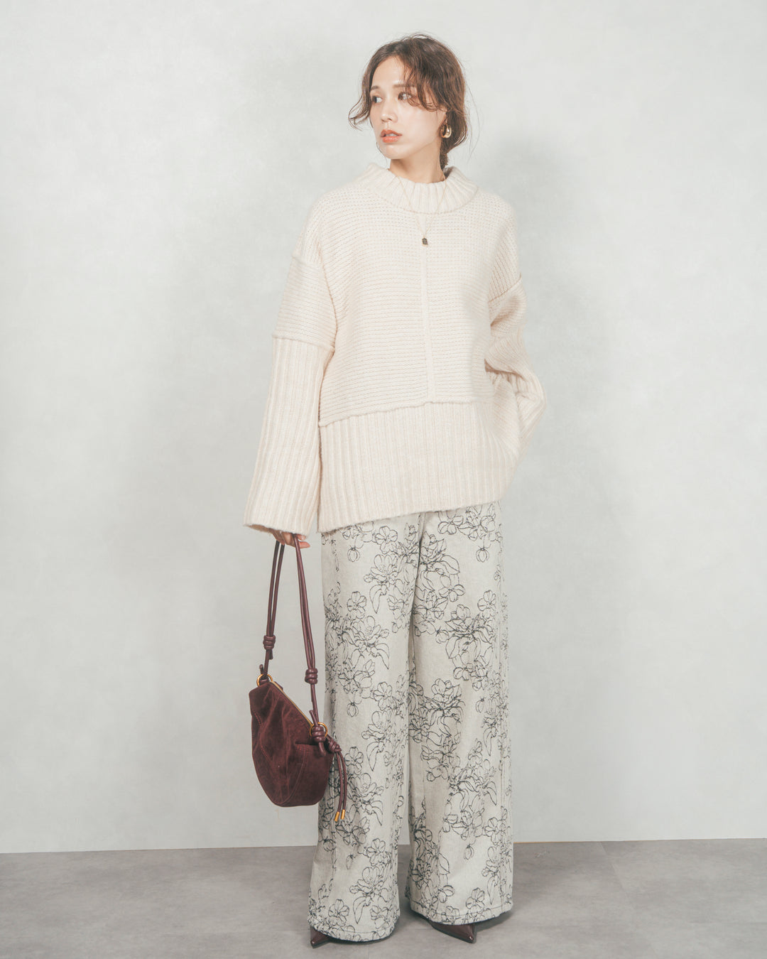 ［SET］リンキングデザイン リラックスニット+フラワージャガードデニム（2SET）