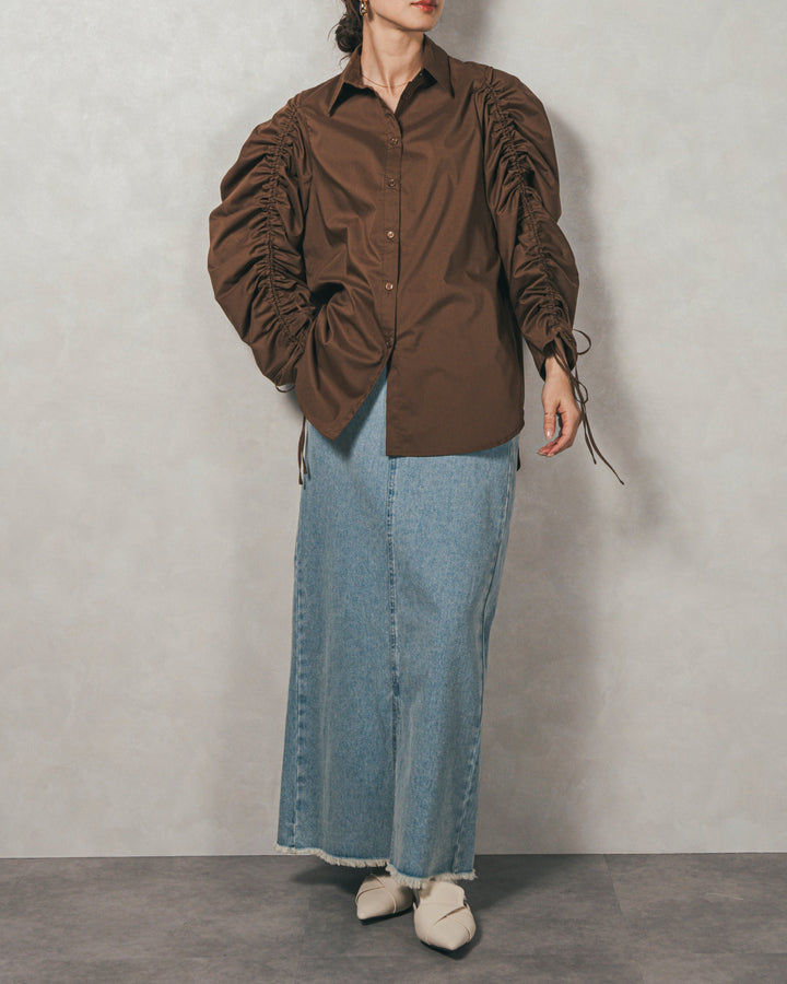 ［SET］ブロード袖ドロストデザインブラウス+2-Way Uネックメッシュニットベスト+フロントスリット Iラインデニムスカート（3SET）