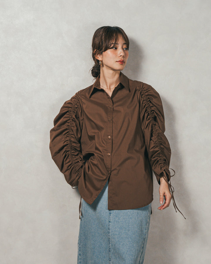 ［SET］ブロード袖ドロストデザインブラウス+メランジKnitロングワンピース（2SET）