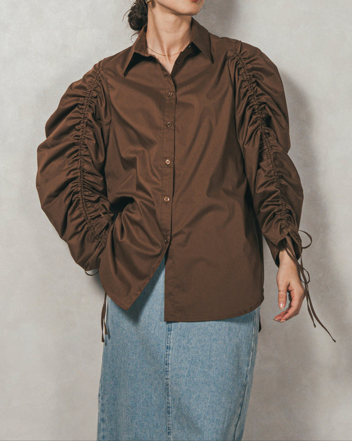 ［SET］ブロード袖ドロストデザインブラウス+メランジKnitロングワンピース（2SET）