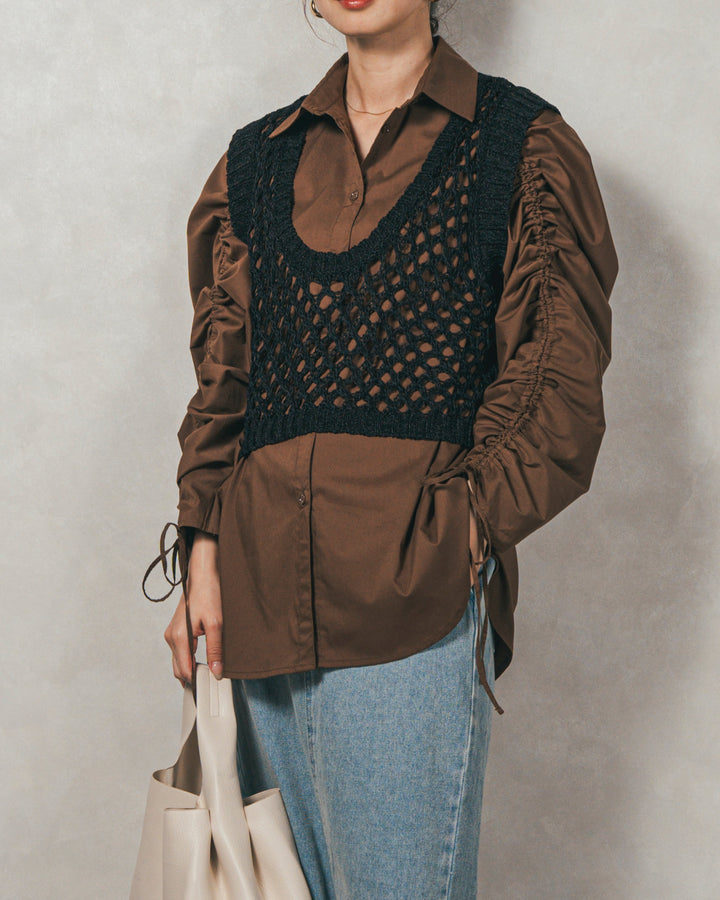 ［SET］ブロード袖ドロストデザインブラウス+2-Way Uネックメッシュニットベスト+フロントスリット Iラインデニムスカート（3SET）