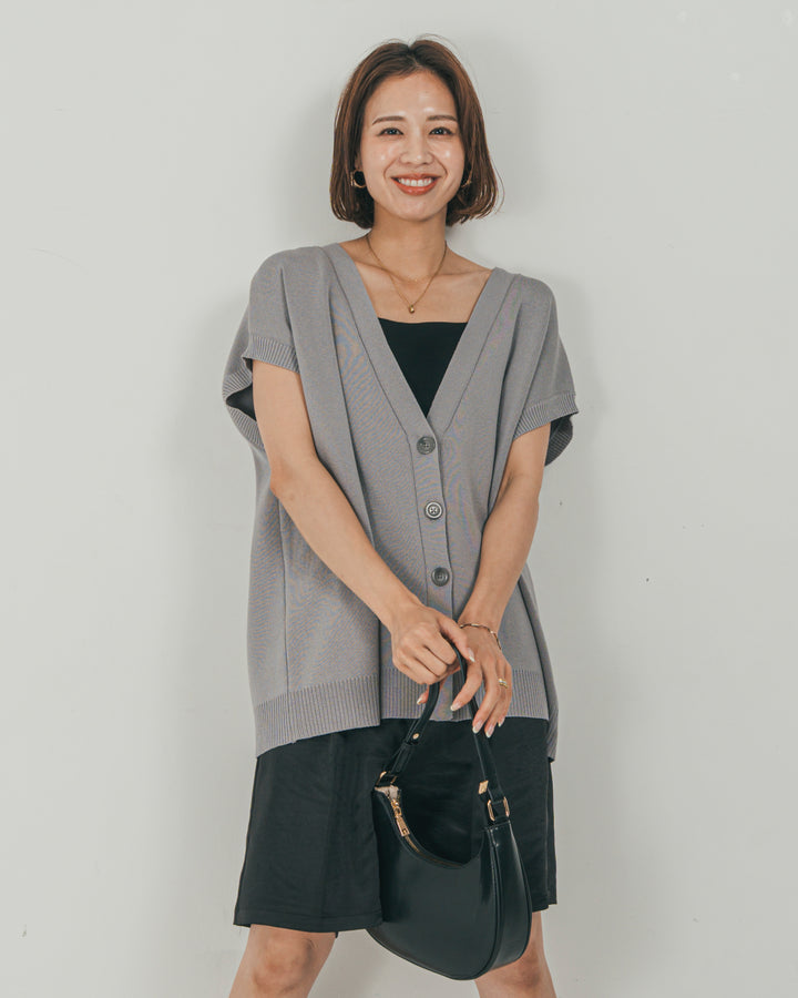［SET］VネックRelaxニットベスト + Vintageサテン　ハーフパンツ（2SET）