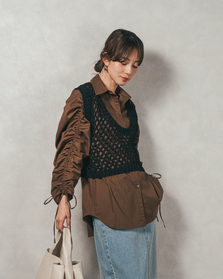 ［SET］ブロード袖ドロストデザインブラウス+2-Way Uネックメッシュニットベスト+フロントスリット Iラインデニムスカート（3SET）