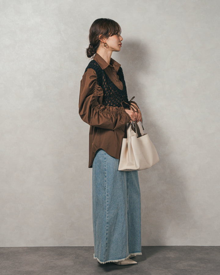 ［SET］ブロード袖ドロストデザインブラウス+2-Way Uネックメッシュニットベスト+フロントスリット Iラインデニムスカート（3SET）