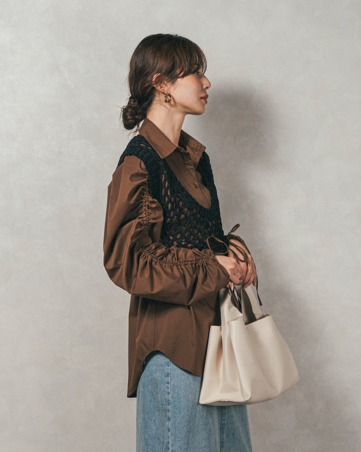 ［SET］ブロード袖ドロストデザインブラウス+2-Way Uネックメッシュニットベスト+フロントスリット Iラインデニムスカート（3SET）