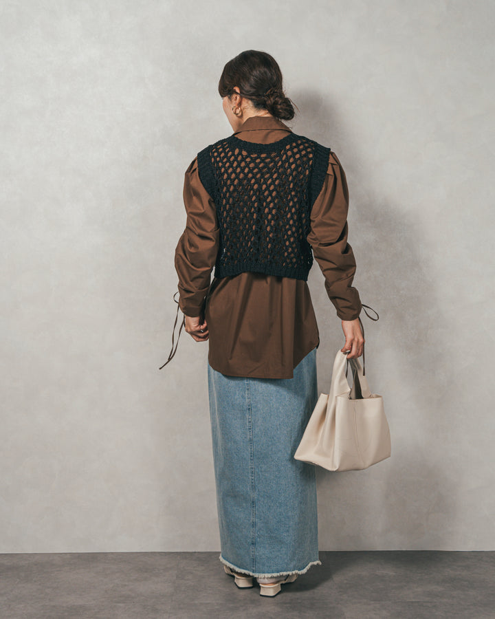 ［SET］ブロード袖ドロストデザインブラウス+2-Way Uネックメッシュニットベスト+フロントスリット Iラインデニムスカート（3SET）