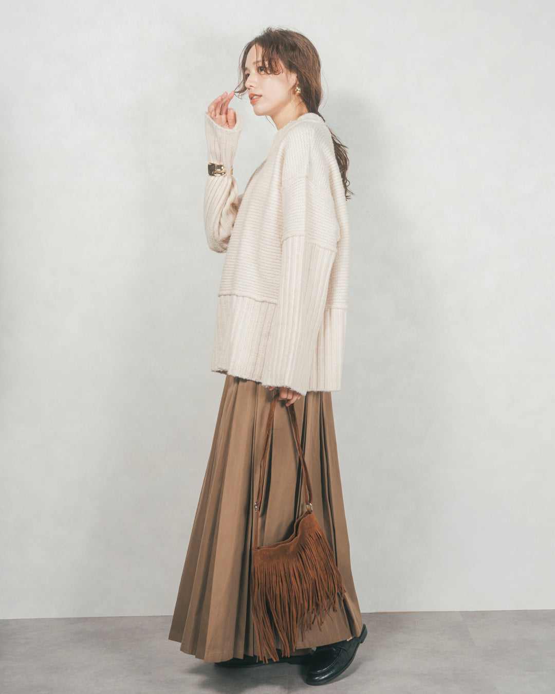 ［SET］リンキングデザイン リラックスニット+W-Tuckプリーツロングスカート（2SET）