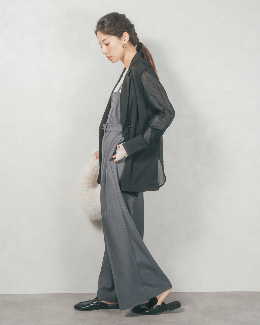 ［SET］シアーデザインテーラードジャケット+ウエストベルト付 Twillキャミサロペ（2SET）