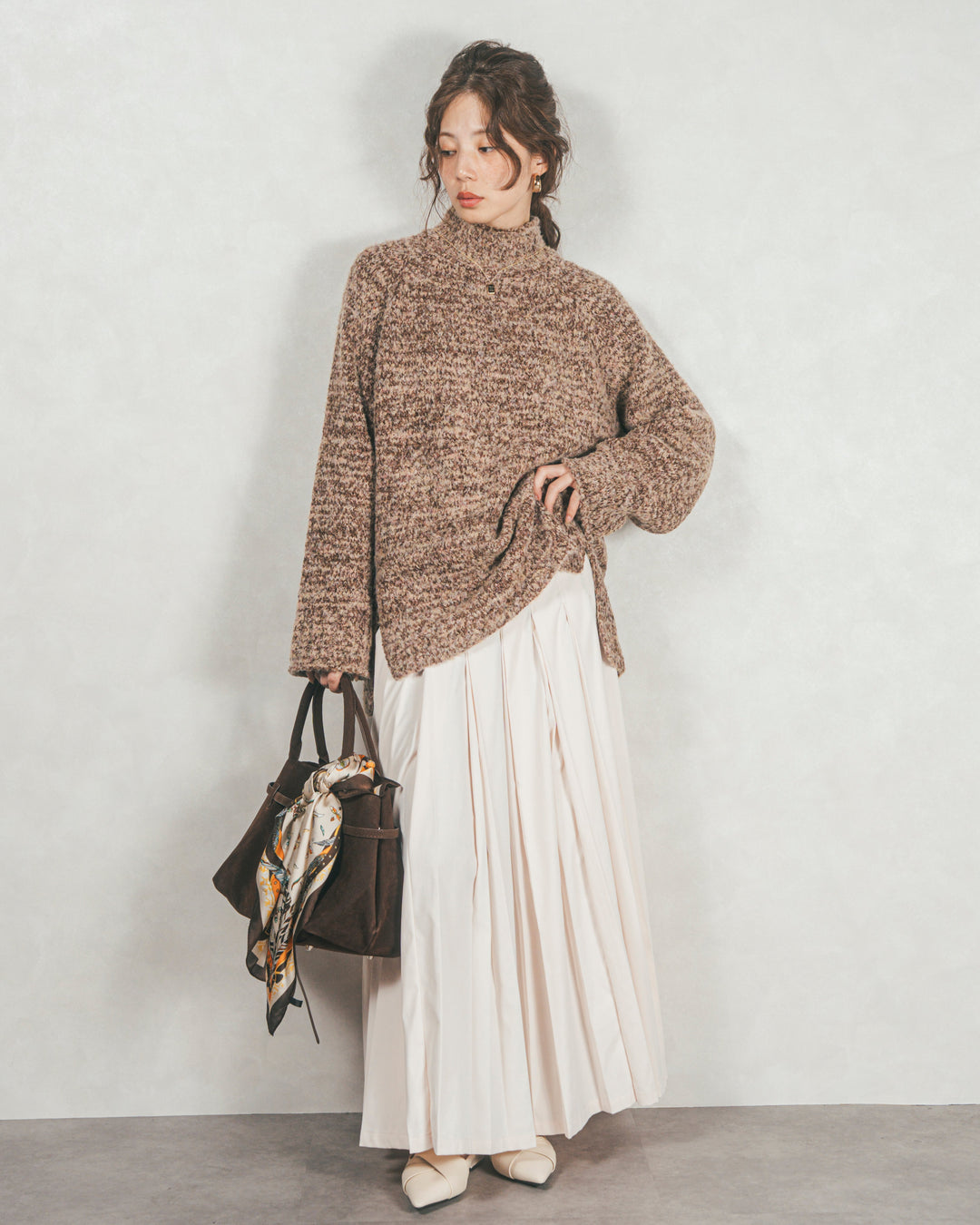 ［SET］ブークレMix ハイネックニット+W-Tuckプリーツロングスカート（2SET）
