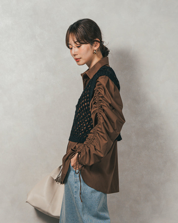 ［SET］ブロード袖ドロストデザインブラウス+2-Way Uネックメッシュニットベスト+フロントスリット Iラインデニムスカート（3SET）