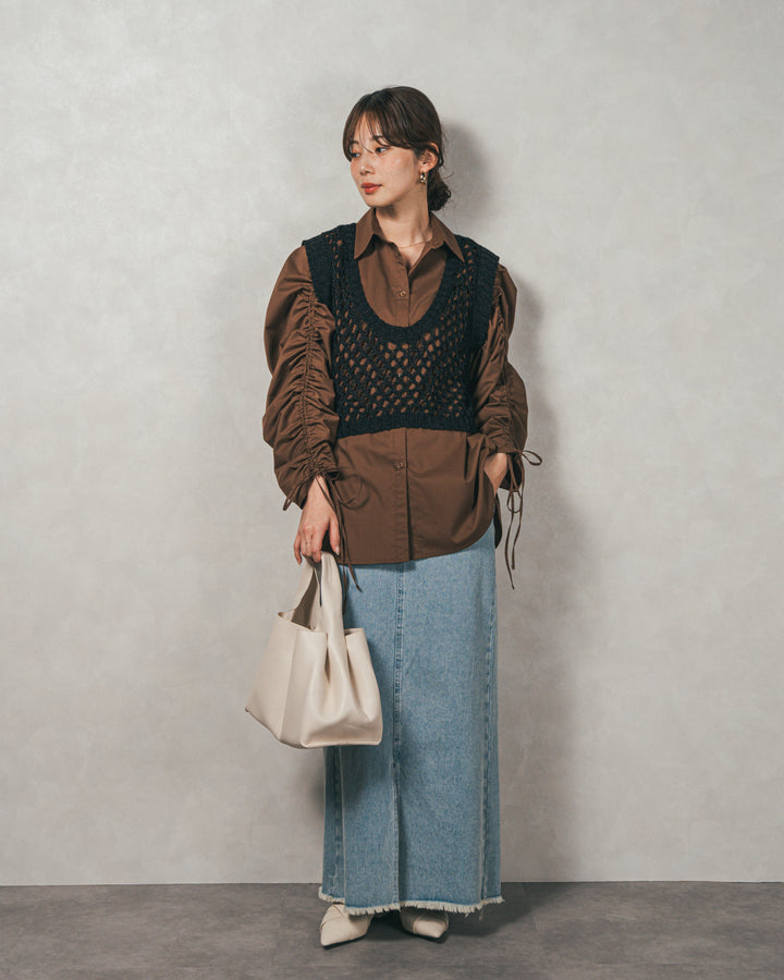 ［SET］ブロード袖ドロストデザインブラウス+2-Way Uネックメッシュニットベスト+フロントスリット Iラインデニムスカート（3SET）