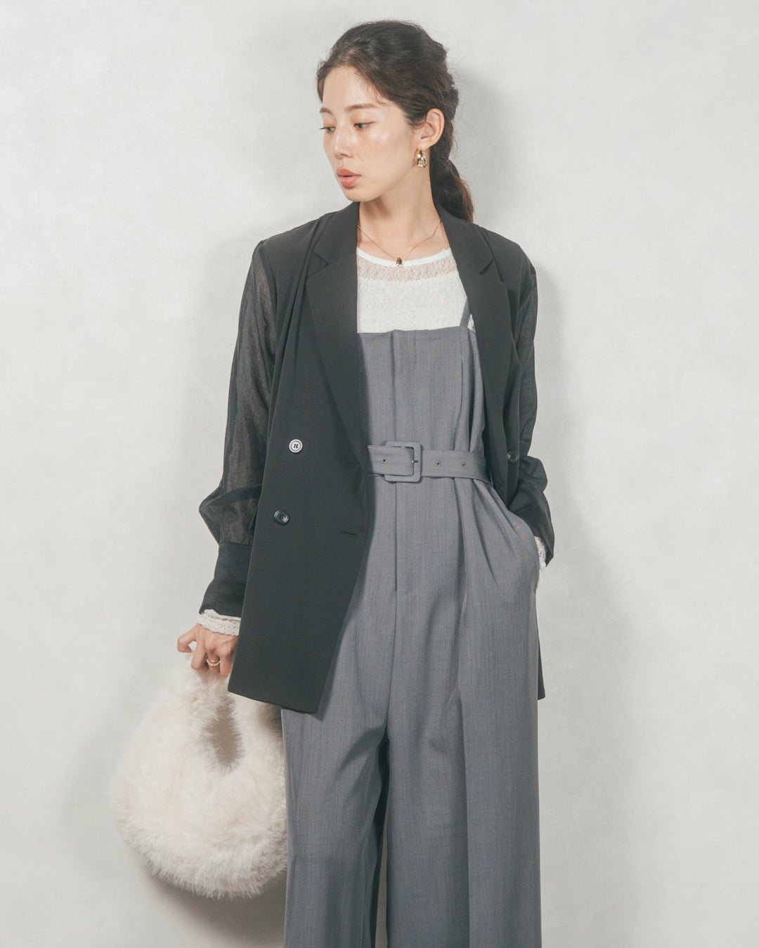 ［SET］シアーデザインテーラードジャケット+ウエストベルト付 Twillキャミサロペ（2SET）