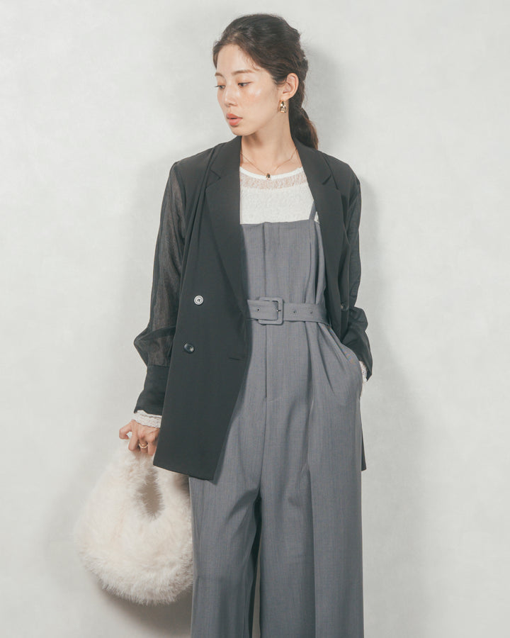 ［SET］シアーデザインテーラードジャケット+ウエストベルト付 Twillキャミサロペ（2SET）