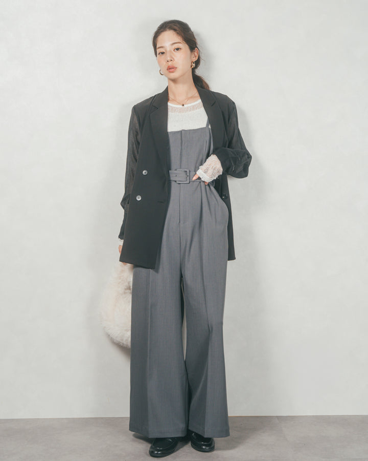 ［SET］シアーデザインテーラードジャケット+ウエストベルト付 Twillキャミサロペ（2SET）