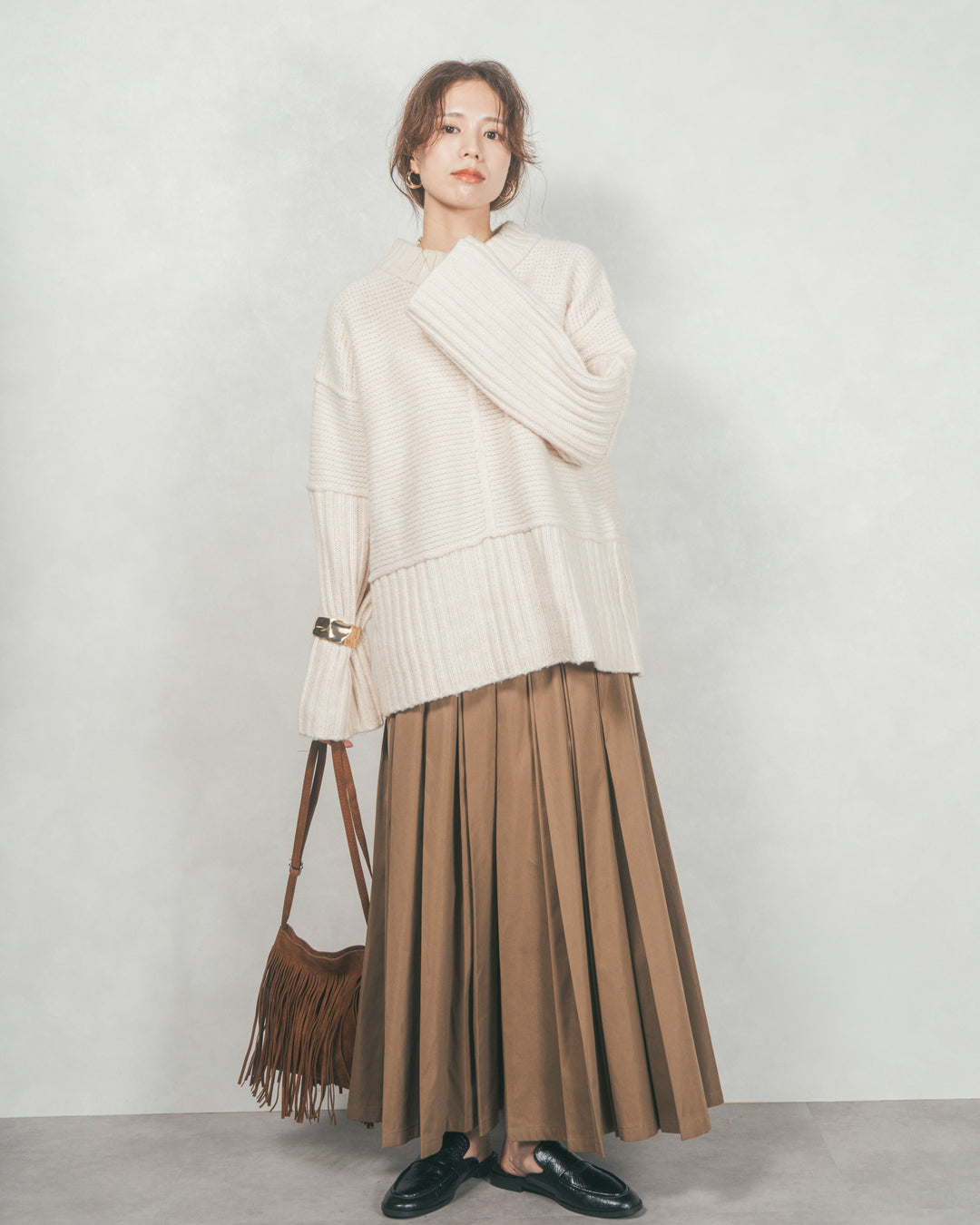 ［SET］リンキングデザイン リラックスニット+W-Tuckプリーツロングスカート（2SET）