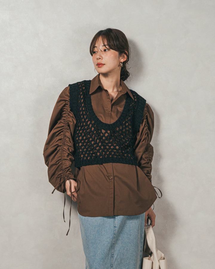 ［SET］ブロード袖ドロストデザインブラウス+2-Way Uネックメッシュニットベスト+フロントスリット Iラインデニムスカート（3SET）