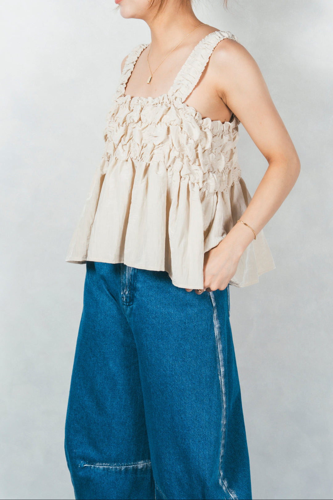 ［SET］ワッシャータフタシャーリングキャミ+ハクデザインカーブデニム（2SET）