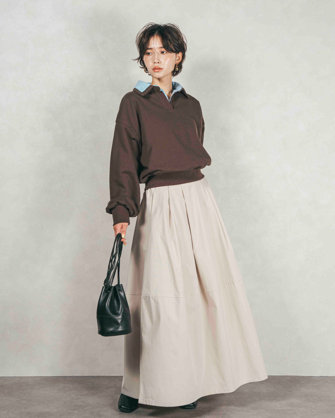 ［SET］シャツ Layered クロップドスウェット+コクーンシルエットロングスカート（2SET）