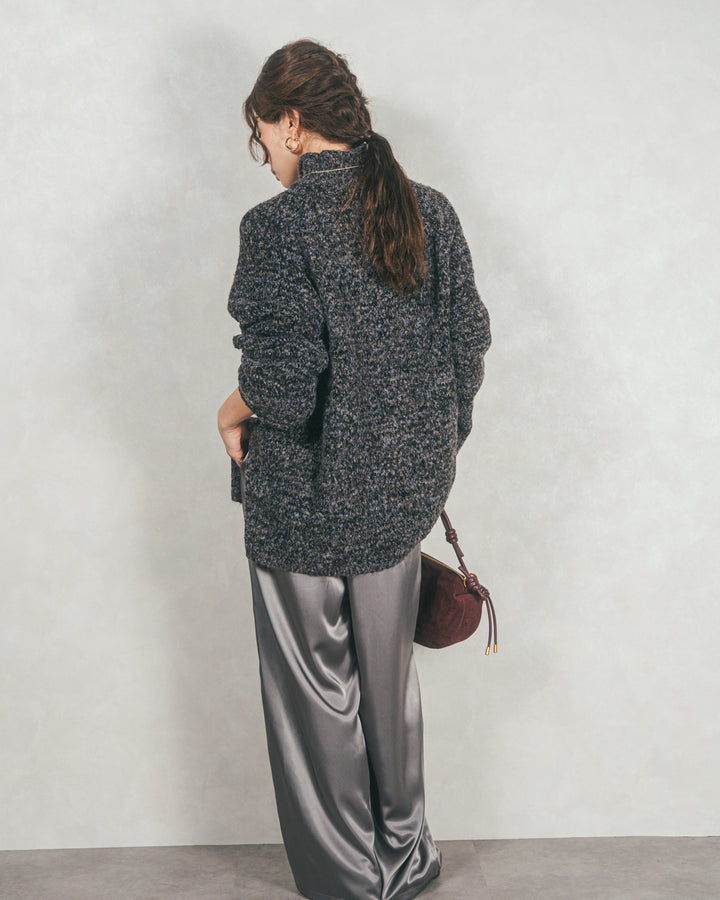 ［SET］ブークレMix ハイネックニット+Relaxサテンパンツ（2SET）