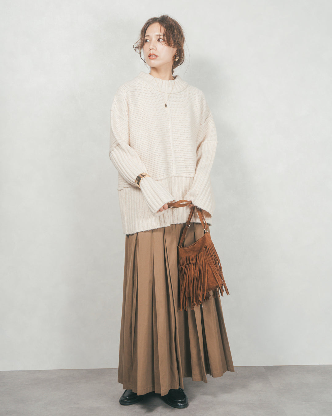 ［SET］リンキングデザイン リラックスニット+W-Tuckプリーツロングスカート（2SET）