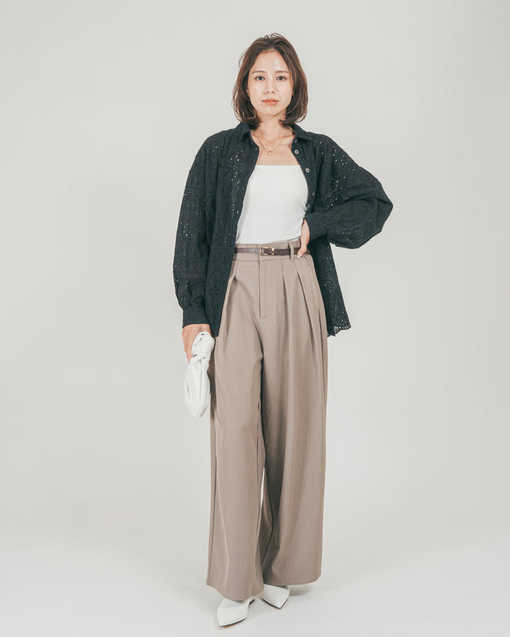 ［SET］コットンフラワーレースシャツ + ダブルタック ハイウエストワイドパンツ（2SET）