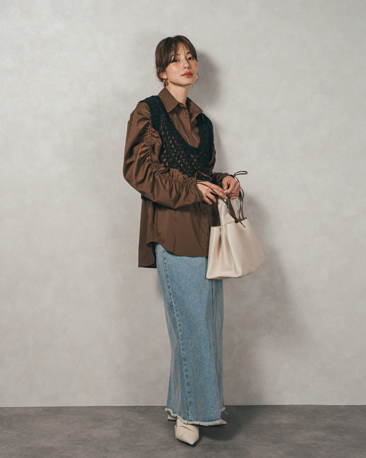 ［SET］ブロード袖ドロストデザインブラウス+2-Way Uネックメッシュニットベスト+フロントスリット Iラインデニムスカート（3SET）