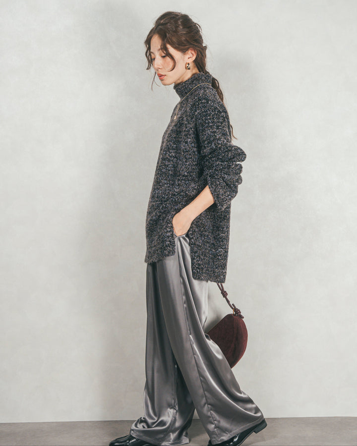 ［SET］ブークレMix ハイネックニット+Relaxサテンパンツ（2SET）