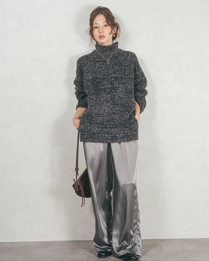 ［SET］ブークレMix ハイネックニット+Relaxサテンパンツ（2SET）